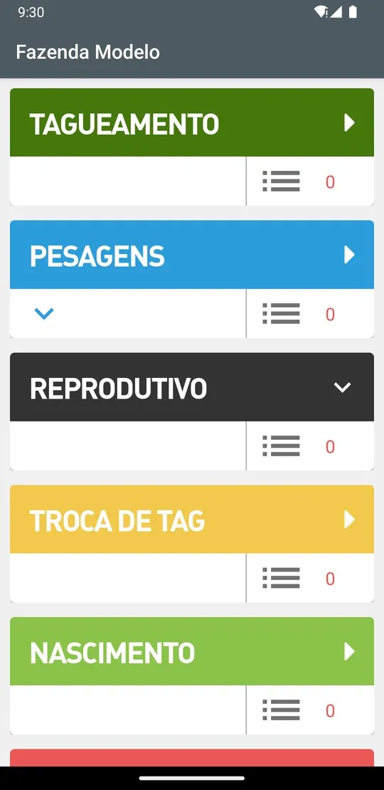 Menu de manejos do app: tagueamento, pesagens, reprodutivo, troca de tag e nascimento