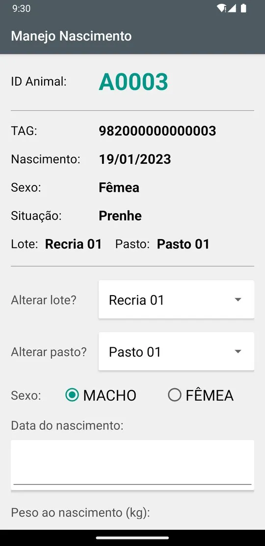 Manejo de nascimento com a mãe identificada, sexo da cria e peso ao nascimento