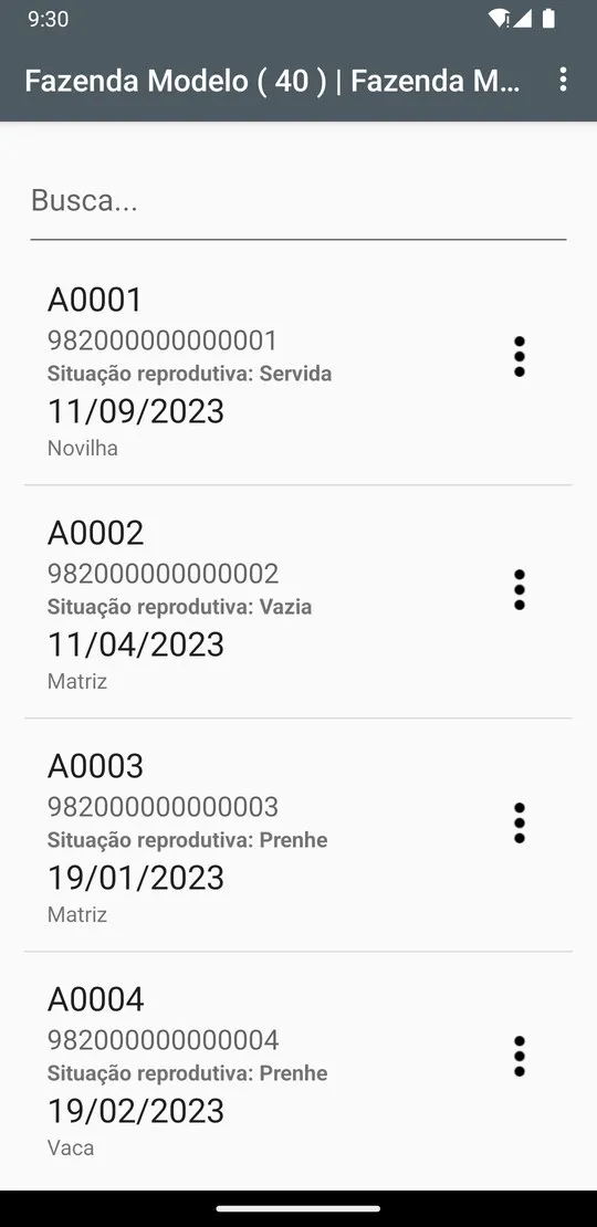 Lista do rebanho com tag, situação reprodutiva e categoria